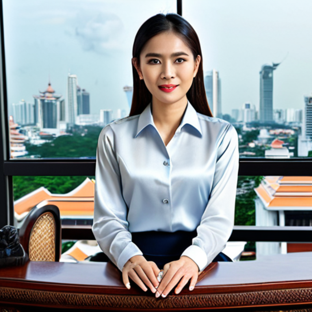 **
"A professional Thai businesswoman in a modest, elegant silk blouse and traditional skirt (ผ้าซิ่น), sitting at a beautifully carved wooden desk in a modern Bangkok office with a cityscape view in the background. Fully clothed, appropriate attire, safe for work, perfect anatomy, natural proportions, professional photography, high quality."
**