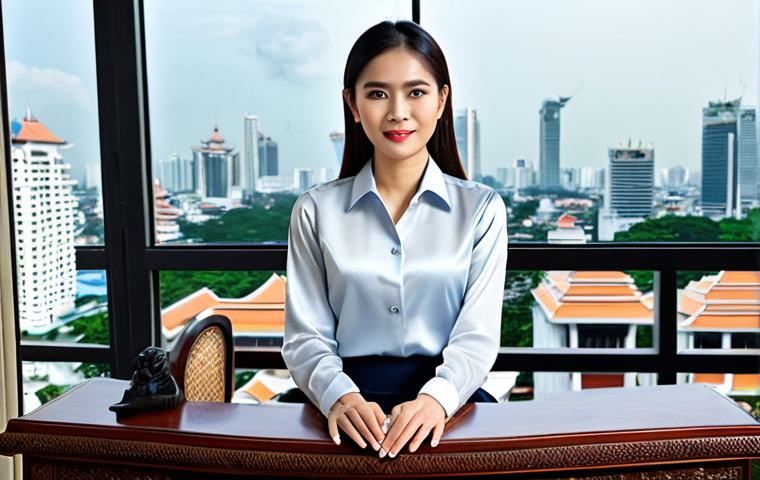 **
"A professional Thai businesswoman in a modest, elegant silk blouse and traditional skirt (ผ้าซิ่น), sitting at a beautifully carved wooden desk in a modern Bangkok office with a cityscape view in the background. Fully clothed, appropriate attire, safe for work, perfect anatomy, natural proportions, professional photography, high quality."
**