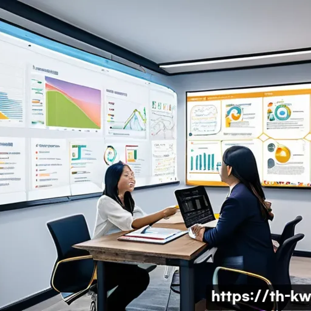 개념 맵으로 아이디어 정리하기 - A professional office scene showing a diverse Thai team collaborating around a large digital screen ...