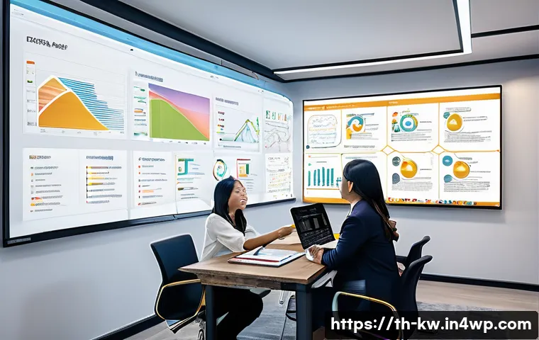 개념 맵으로 아이디어 정리하기 - A professional office scene showing a diverse Thai team collaborating around a large digital screen ...