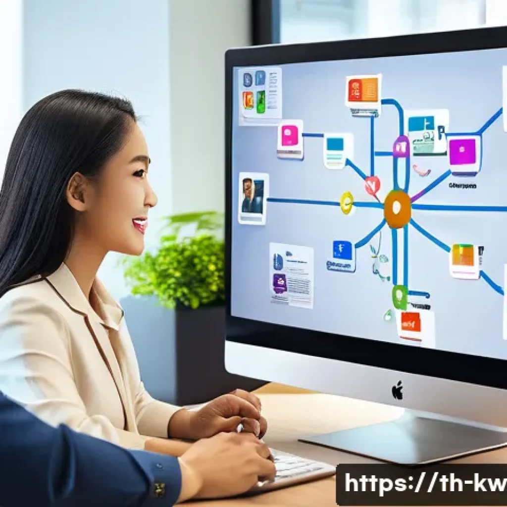 온라인 개념 맵핑 도구 활용법 - A modern Thai office environment with a diverse team of young professionals collaborating on a digit...