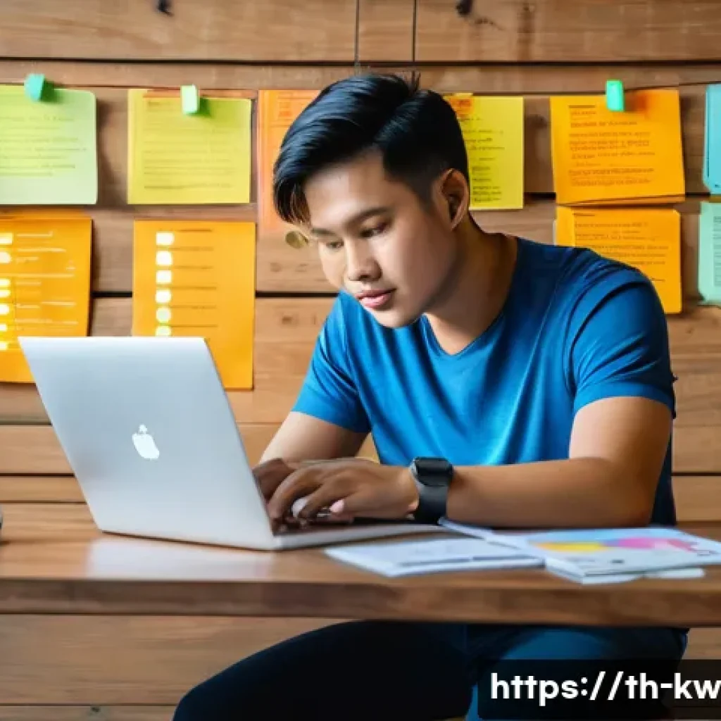 개념 맵핑 도구 비교 최고의 선택은 - A modern workspace scene featuring a young Thai professional using a sleek laptop on a wooden desk, ...