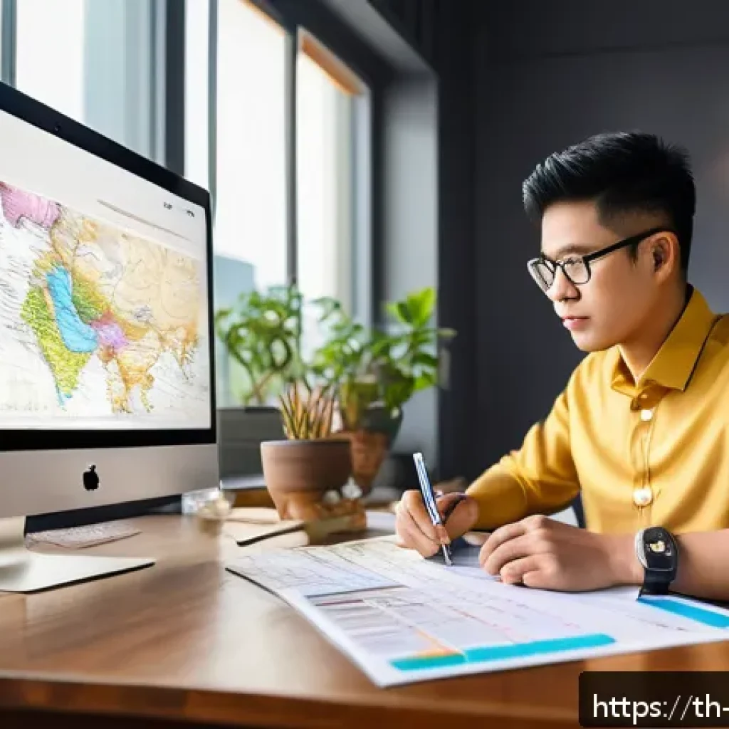 개념 맵으로 복잡한 정보 시각화하기 - A detailed modern workspace scene showing a young Thai professional sitting at a wooden desk with a ...