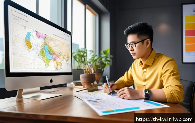개념 맵으로 복잡한 정보 시각화하기 - A detailed modern workspace scene showing a young Thai professional sitting at a wooden desk with a ...