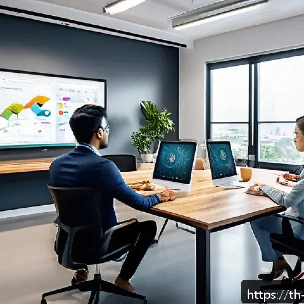 개념 맵의 발전과 혁신적 사례 - A modern digital workspace scene showing a diverse team of professionals collaborating on a large to...