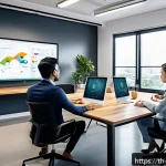 Home 21 개념 맵의 발전과 혁신적 사례 - A modern digital workspace scene showing a diverse team of professionals collaborating on a large to...