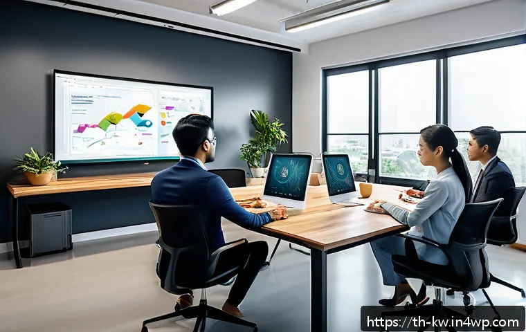 개념 맵의 발전과 혁신적 사례 - A modern digital workspace scene showing a diverse team of professionals collaborating on a large to...