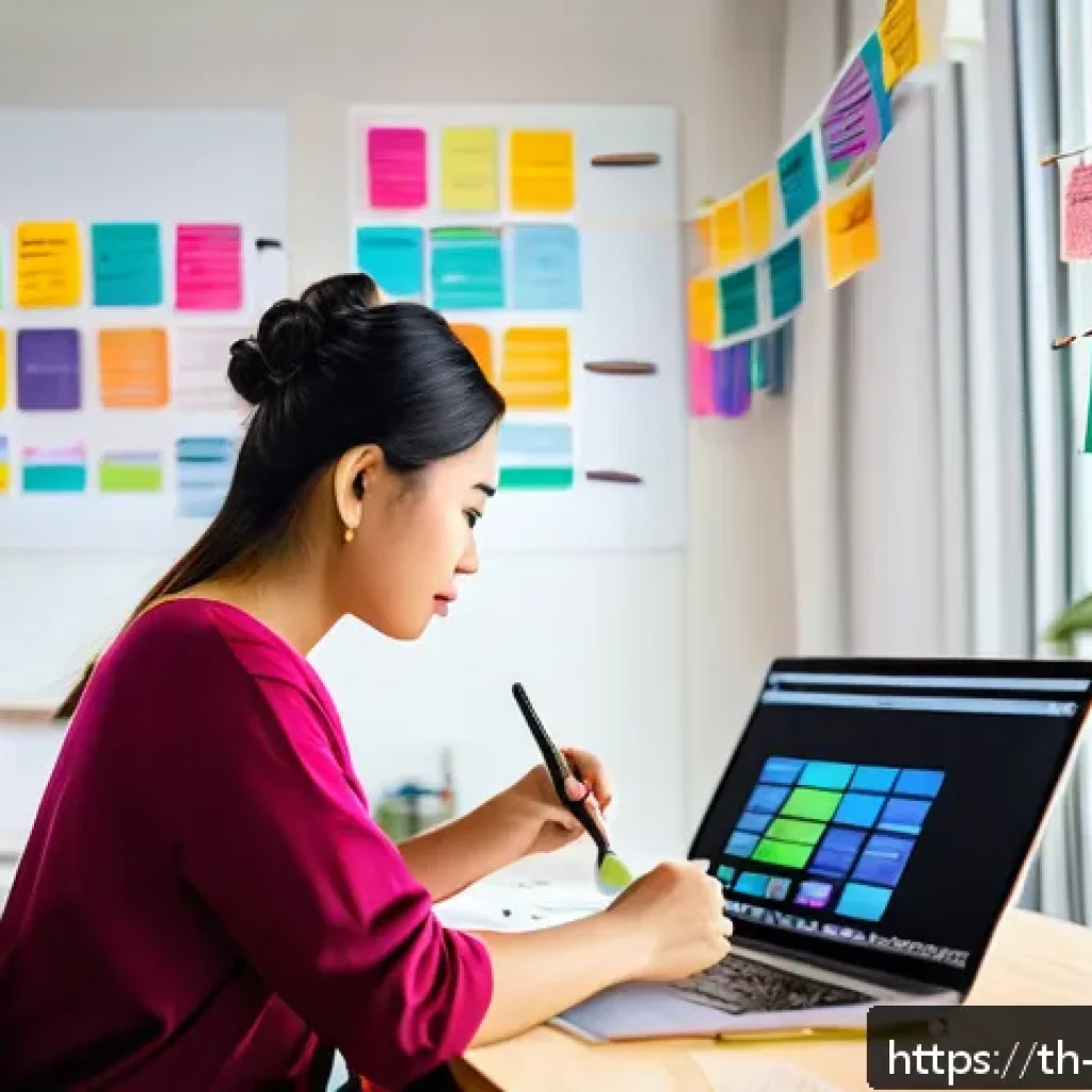 개념 맵을 통한 시간 관리 기법 - A cozy modern Thai home office scene featuring a young adult organizing a colorful mind map on a whi...