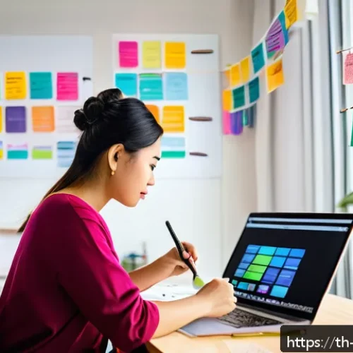 Home 32 개념 맵을 통한 시간 관리 기법 - A cozy modern Thai home office scene featuring a young adult organizing a colorful mind map on a whi...