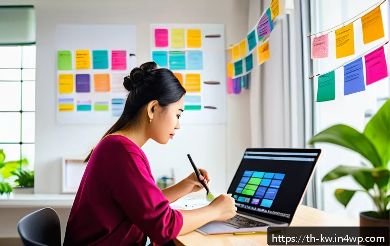 개념 맵을 통한 시간 관리 기법 - A cozy modern Thai home office scene featuring a young adult organizing a colorful mind map on a whi...