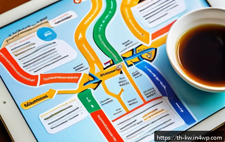 개념 맵과 데이터 시각화의 관계 - A detailed, colorful concept map displayed on a modern digital tablet screen, showing interconnected...
