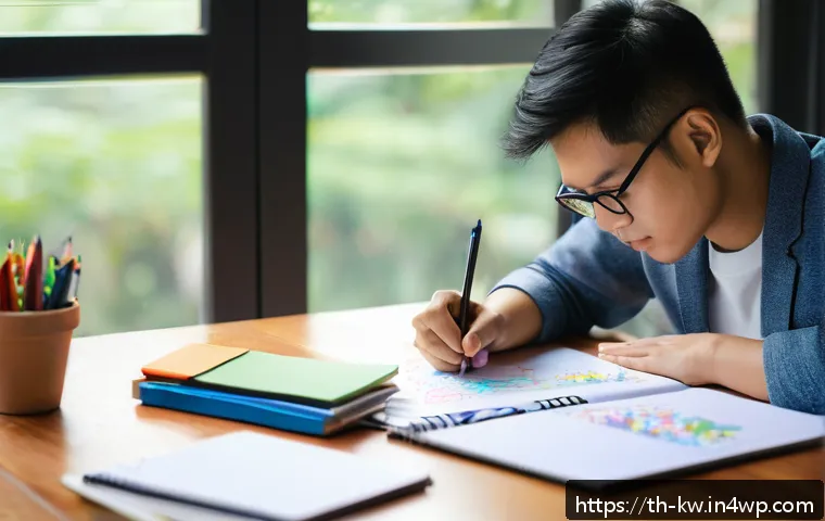 개념 맵의 포맷 인쇄 vs 디지털 - A cozy workspace scene showing a young Thai professional thoughtfully drawing a mind map by hand on ...